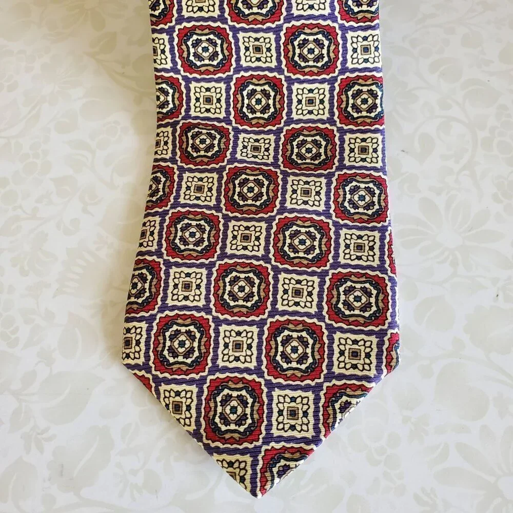 Vintage Liberty of London 100% Silk Tie Red Blue Beige Mens Necktie